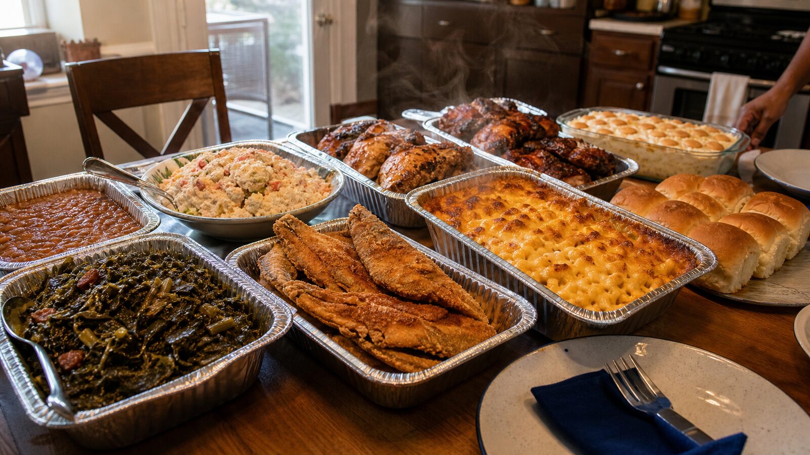 Wooden table laid with silver trays of soul food — fried fish, macaroni and cheese, collard greens, fried chicken, potato salad, baked beans, dinner rolls and banana pudding